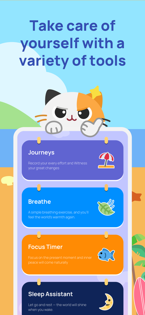 Catzy: Self-Care Journey - Catzy app menu featuring self care tools for breathing focus and sleep with a cute cat mascot