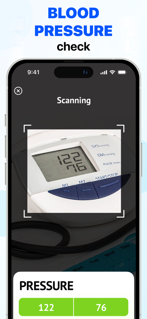 A smartphone camera scanning a digital blood pressure monitor to import data into the HealthRate app