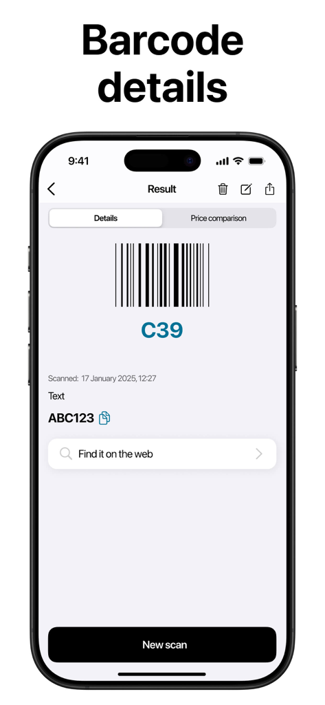Barcode Scanner & Readerㅤㅤ - Tela do smartphone exibindo resultados detalhados de um código de barras digitalizado, incluindo conteúdo de texto e opção de pesquisa na web