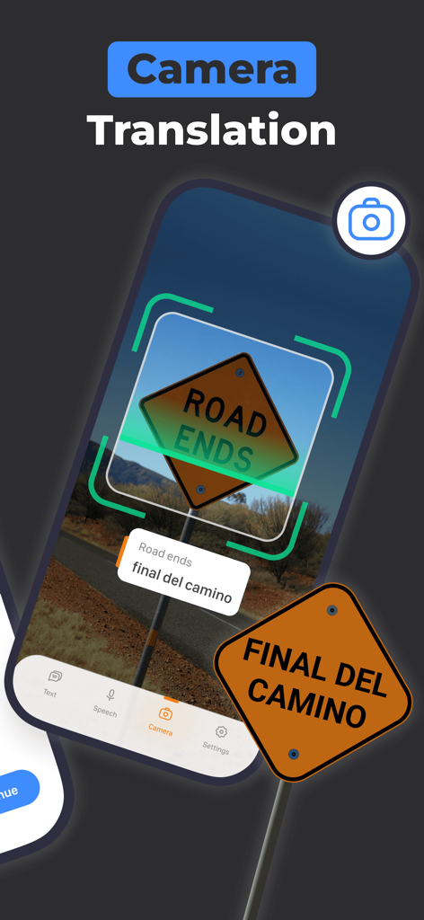 AI Translator – Voice & Camera - Aplicación Traductor IA utilizando el modo cámara para traducir una señal de fin de carretera al español.