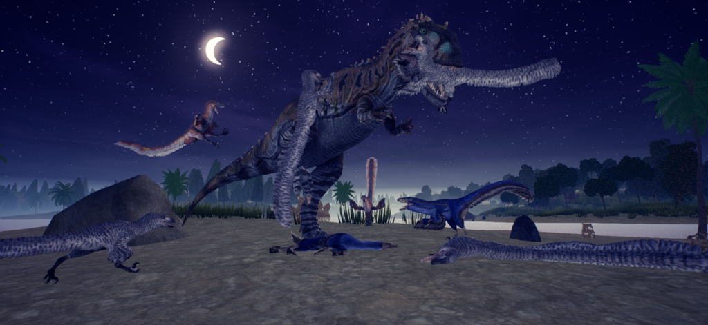 A large predator dinosaur and a pack of raptors in a nighttime survival scene under a crescent moon.