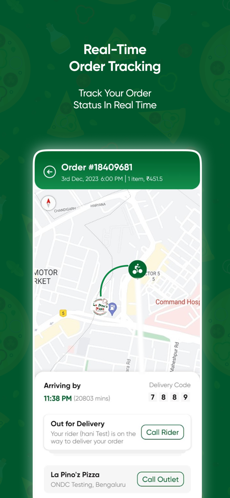 La Pino'z - Order Pizza Online - Écran de l'application La Pinoz montrant le suivi de la commande de pizza en temps réel avec une carte et le statut de livraison