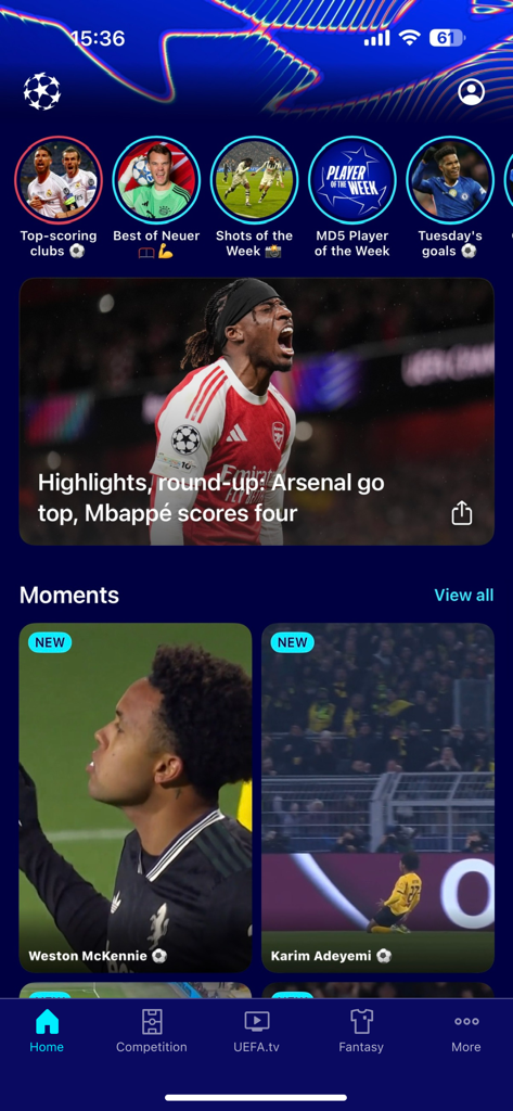 Home screen of the Champions League Official app featuring soccer highlights and player moments