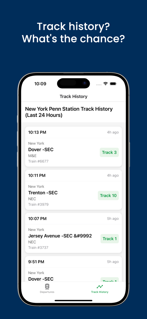 NJT Departures: Predict Tracks - NJ Transit track history screen showing past platform assignments for New York Penn Station departures.