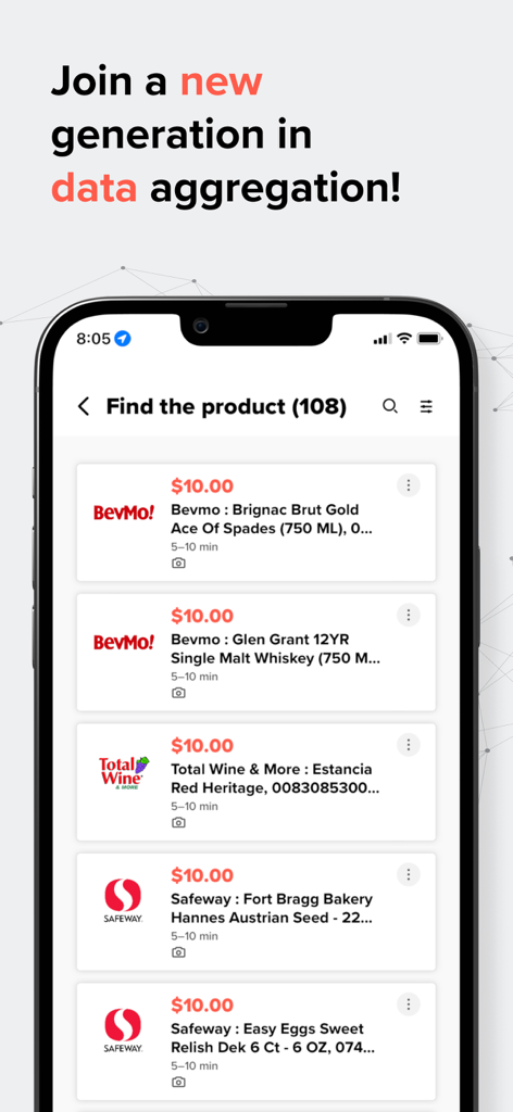 Smartphone screen showing the Premise app task marketplace with a list of retail product verification jobs offering ten dollar rewards