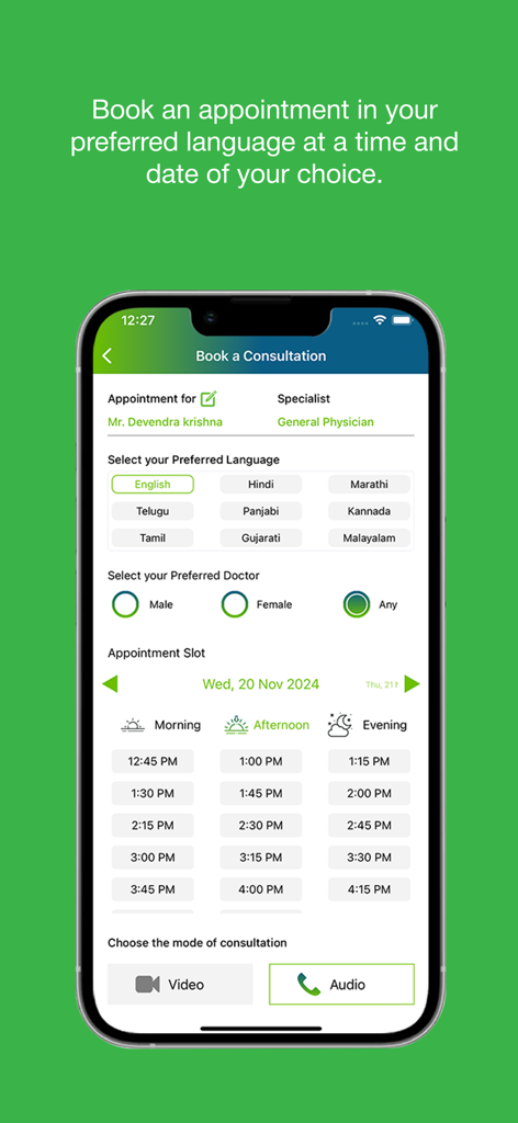 DocOnline: Ask a Doctor Online - Interface of DocOnline app for booking a medical consultation with language and time slot options