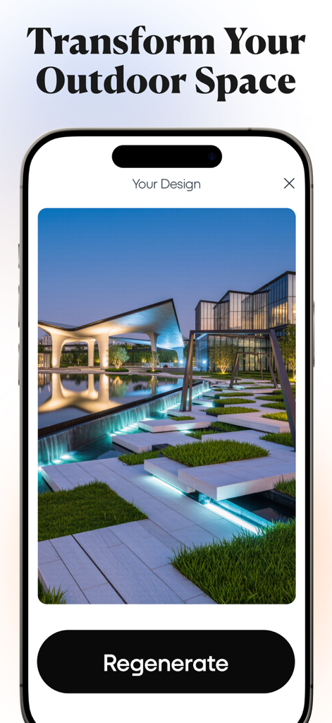 Interface do aplicativo NestAI mostrando um design de paisagem arquitetônica externa moderna gerada por IA