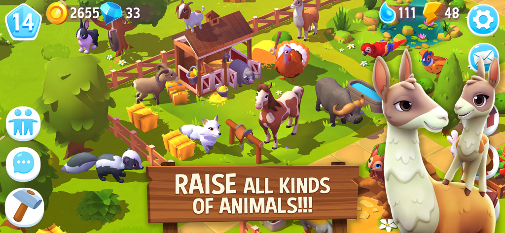 FarmVille 3 – Farm Animals - Eine lebendige Bauernhofszene in FarmVille 3 mit verschiedenen Tieren und einem Holzschild mit der Aufschrift Züchte alle Arten von Tieren.