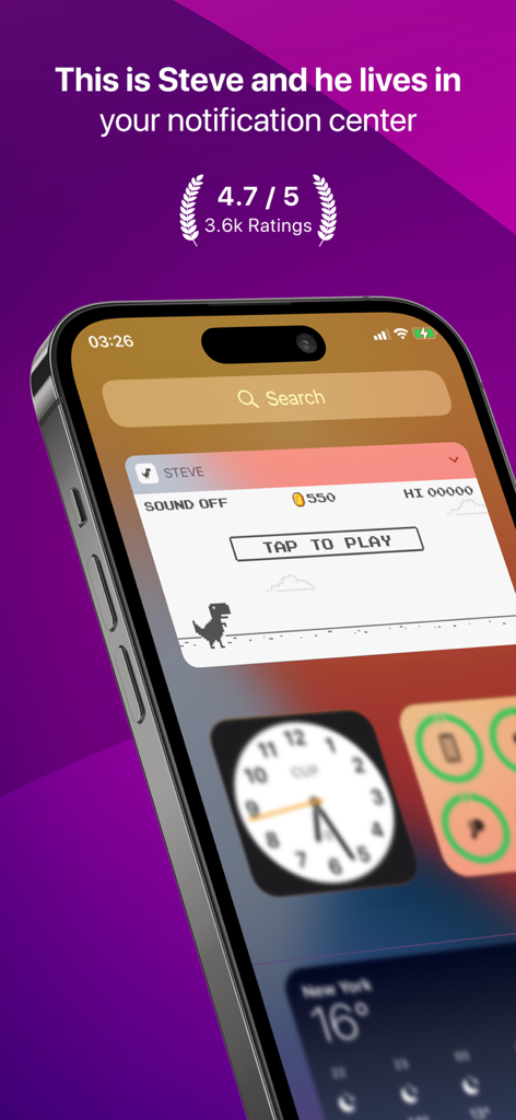 Widget del gioco del dinosauro Steve sulla schermata del centro notifiche di un iPhone