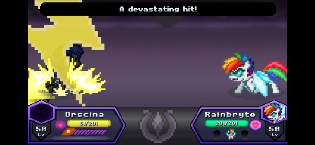 Battle Gem Ponies - A pixel art battle scene in Battle Gem Ponies where a rainbow pony uses a powerful lightning attack against an opponent