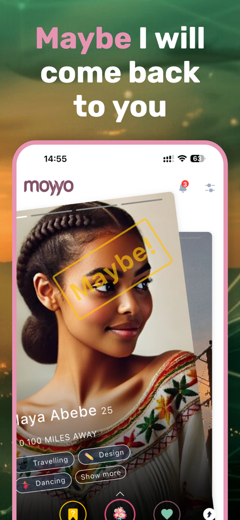 Moyyo - Interface de l'application de rencontre Moyyo montrant le profil d'une jeune femme en tenue traditionnelle avec des tags d'intérêt comme les voyages et la danse