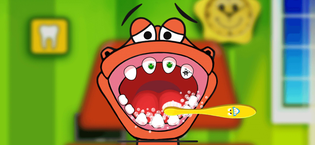A red cartoon dinosaur getting its teeth brushed with a yellow toothbrush in an educational game for kids.