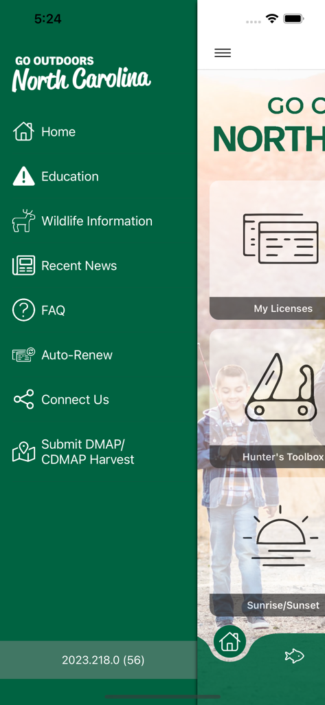 Go Outdoors North Carolina - Sidebar navigation menu of the Go Outdoors North Carolina app.