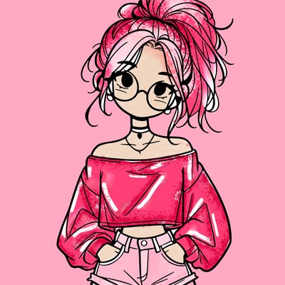 girl with a messy ponytail glasses a baggy crop top and jean shorts