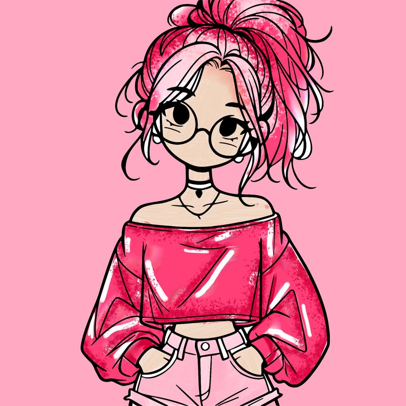 girl with a messy ponytail glasses a baggy crop top and jean shorts