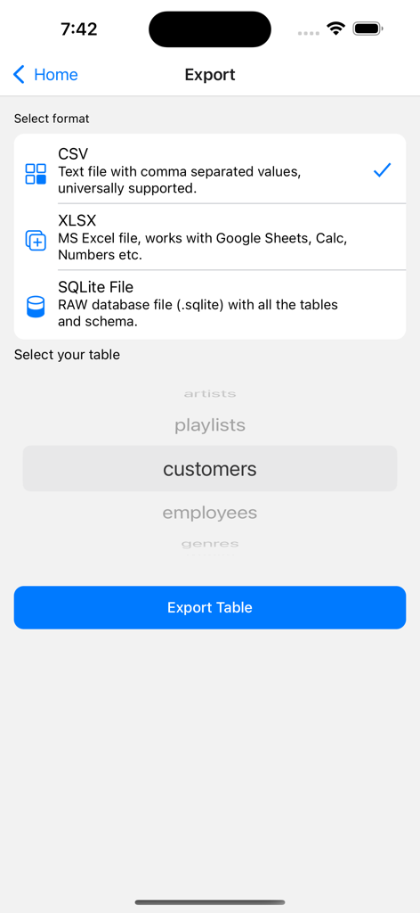 SQL Play — Learn SQL - Export screen in SQL Play app showing options to save database tables as CSV, XLSX, or SQLite files.