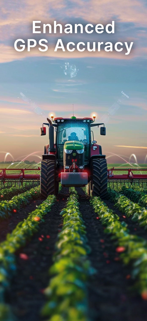 Tractor Field Navigator GPS - A tractor working in a crop field with digital GPS overlays showing enhanced accuracy.