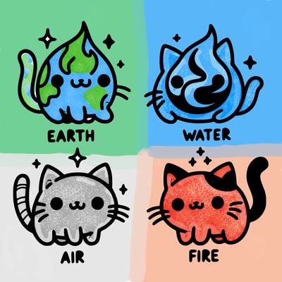 4 cats that represent the different elements, earth, water, air, and fire