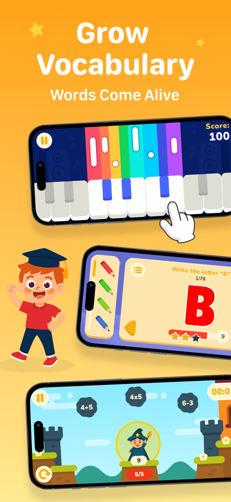 Interfaz de la aplicación GenioKid que muestra juegos educativos de música, matemáticas y trazos de letras