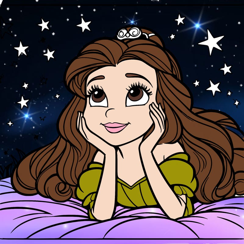 a princess lying on her back on a blanket, looking up at the stars with a dreamy expression.