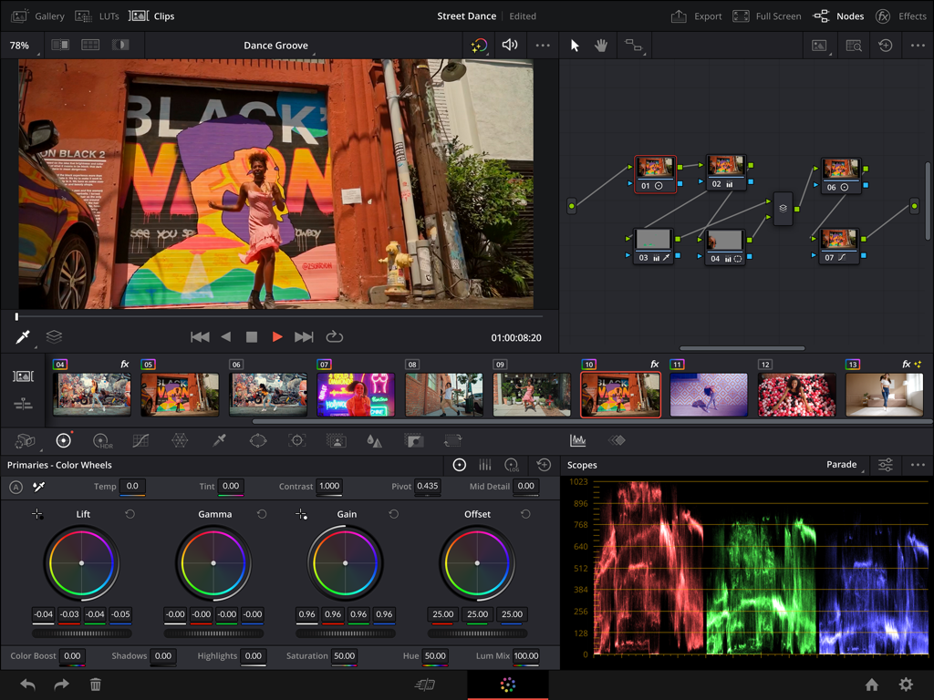 DaVinci Resolve for iPad - Professional color grading interface on DaVinci Resolve for iPad featuring color wheels, node tree, and scopes.