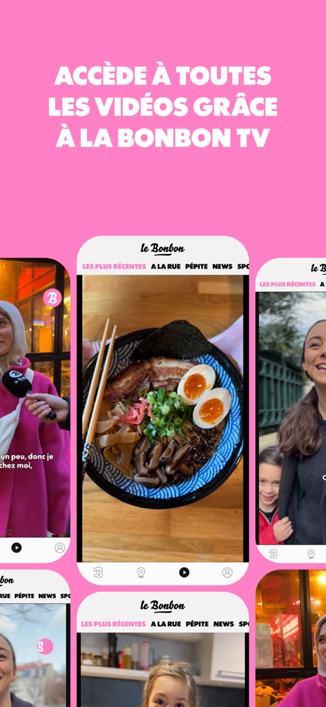 Le Bonbon - Le Bonbonアプリのインターフェース。モバイル画面にライフスタイル動画やフードのおすすめが表示されています。