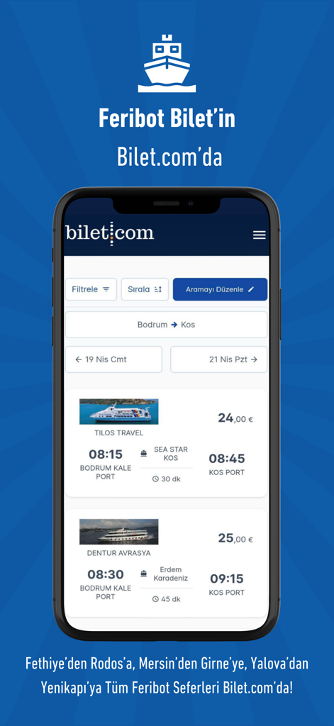 Bilet.com: Uçak Otobüs Feribot - Bilet.com mobile app interface displaying ferry ticket options and prices for the Bodrum to Kos route.