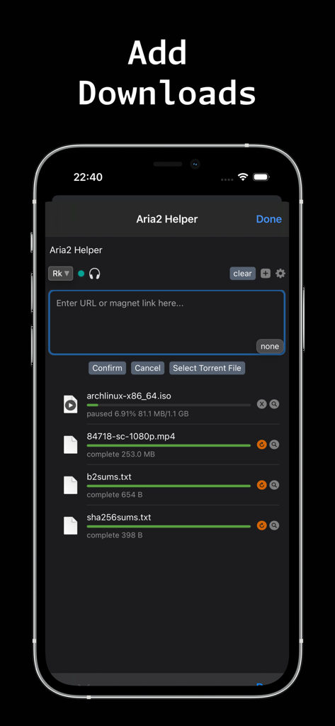 Aria2 Helper - Interface for adding and managing downloads in the Aria2 Helper app showing magnet link input and download progress