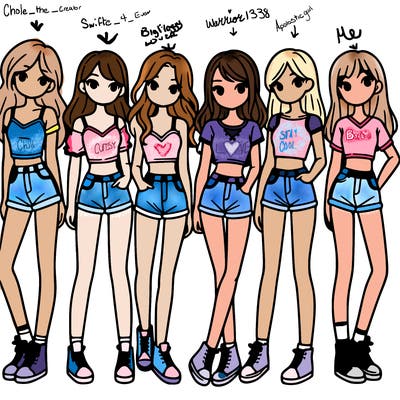 a group of girls wearing crop tops and shorts