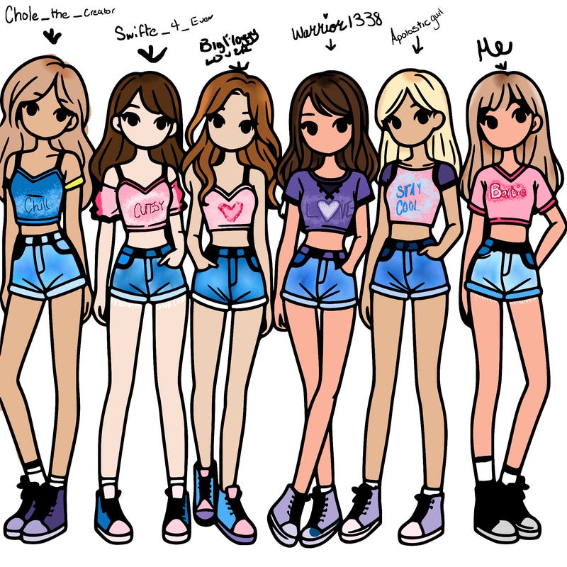 a group of girls wearing crop tops and shorts