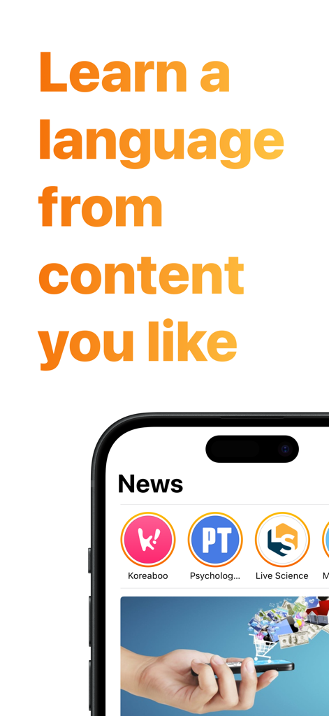 Idiom 앱 인터페이스는 Psychology Today 및 Live Science와 같은 뉴스 소스와 함께 "좋아하는 콘텐츠로 언어를 배우세요"라는 텍스트를 보여줍니다.