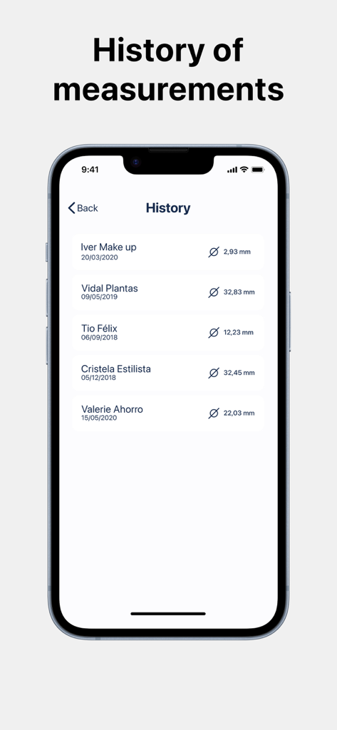 The measurement history screen of the Ring Sizer app showing a list of saved ring sizes with dates and diameters
