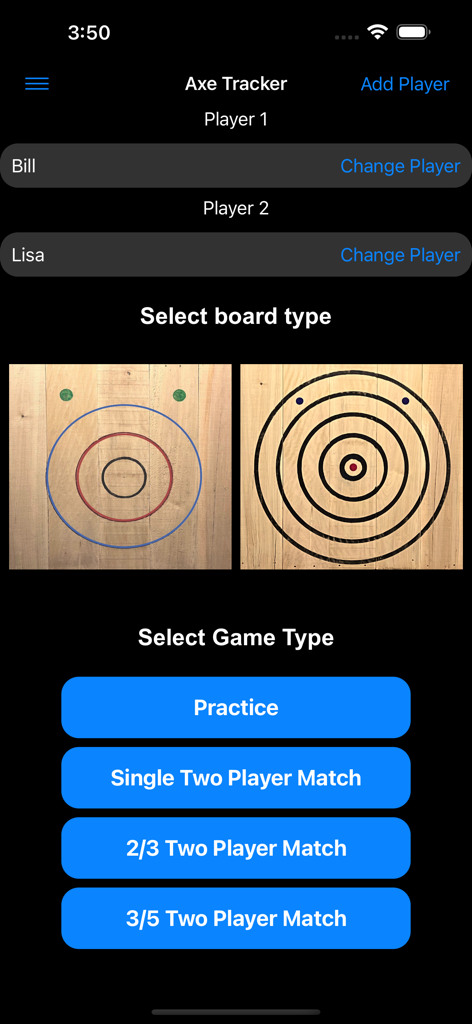 Axe Tracker app screen for player selection board type and game modes