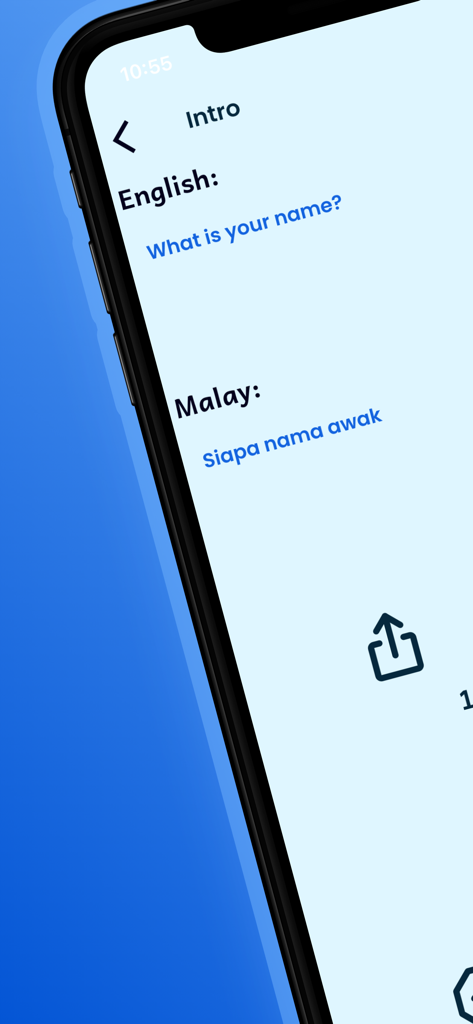 Interfaz de la aplicación de aprendizaje del idioma malayo que muestra una traducción de ¿Cómo te llamas? del inglés al malayo