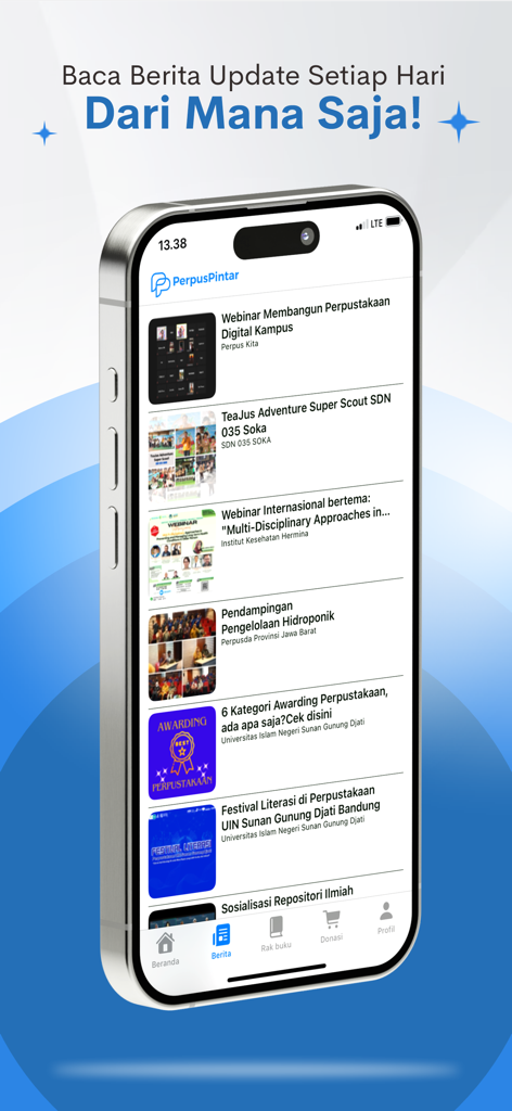perpuspintar - Daily news feed screen in the Perpus Pintar app showing academic webinars and library updates