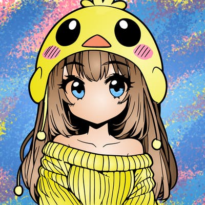 anime girl with chick shaped hat with sweater with bare shoulders with bangs covering them one eye with low tail