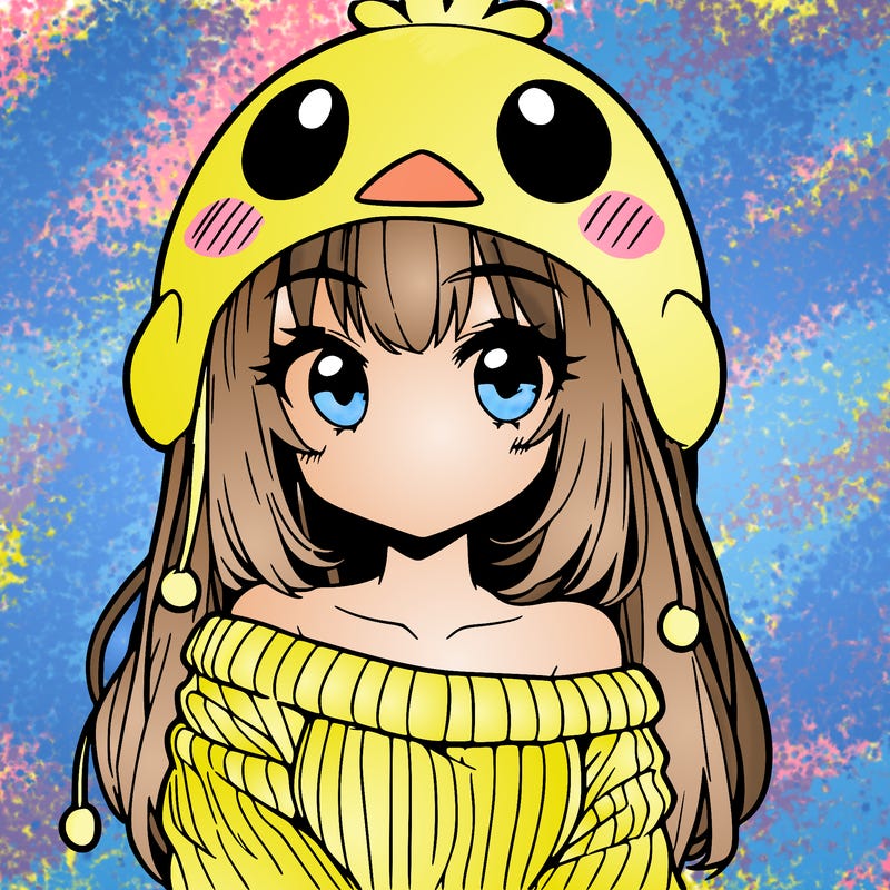 anime girl with chick shaped hat with sweater with bare shoulders with bangs covering them one eye with low tail