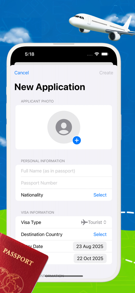 Interface of the VisaFlow app showing a form to create a new visa application with personal and travel information fields