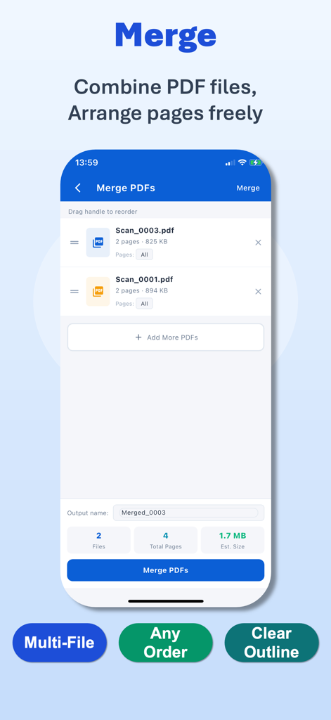 PDF Maker: Scanner & Converter - Pantalla de smartphone mostrando la función Fusionar PDFs para combinar múltiples documentos en uno