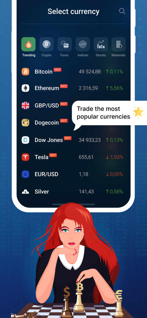 主要な通貨や株式のリアルタイム相場を表示する初心者向けFXゲームのアプリ画面。