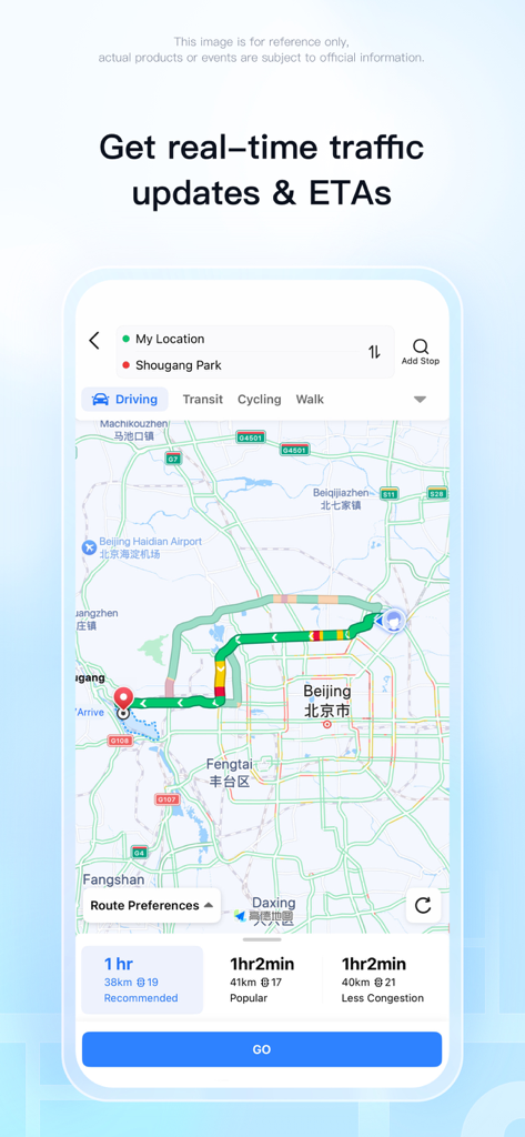 AMap Global - Pantalla de navegación de AMap Global que muestra actualizaciones de tráfico en tiempo real y tiempos estimados de viaje para una ruta de conducción en Beijing
