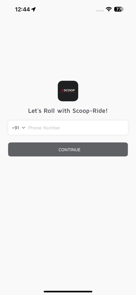 Scoop Ride Customer - Scoop Ride app login screen with phone number input and continue button