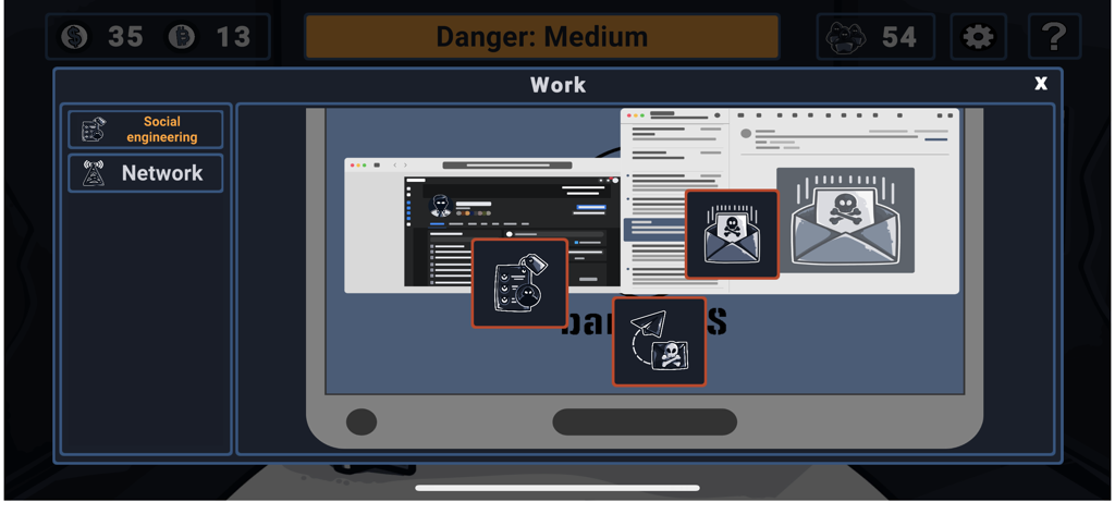 Hacker Simulator. Hacking Game - Jugabilidad de Hacker Simulator mostrando la interfaz de ingeniería social e iconos de phishing