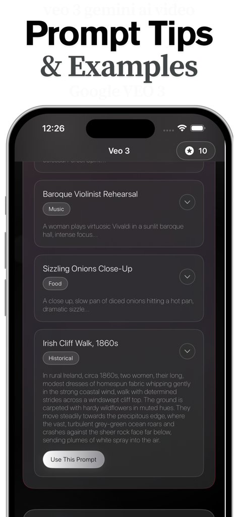 AI Video Generator - Seed AI - Interfaz de la aplicación Seed AI que muestra consejos y ejemplos de indicaciones de vídeo para el modelo Veo 3.