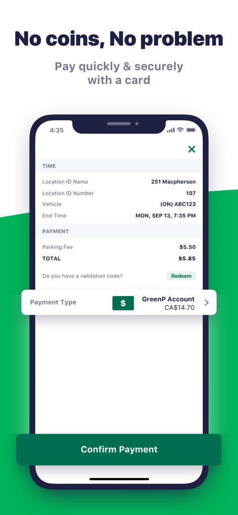 Green P - Green P parking app payment confirmation screen showing location details and payment total on a smartphone.