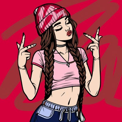 realistic teenage girl with braids and a beanie and crop top doing 🫶🏼