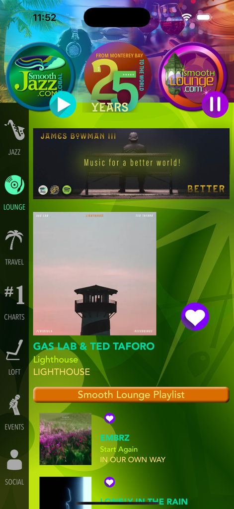 Smooth Global - Smooth Global mobile app interface showing the Smooth Lounge playlist and radio station options