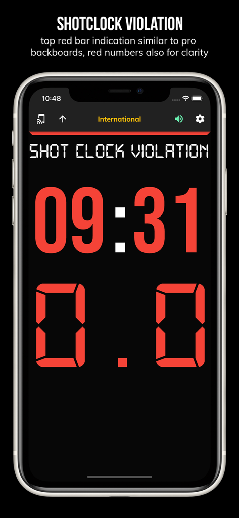 BT Basketball Shotclock - BT Basketball Shotclock app screen showing a shot clock violation with red digital numbers on a dark background