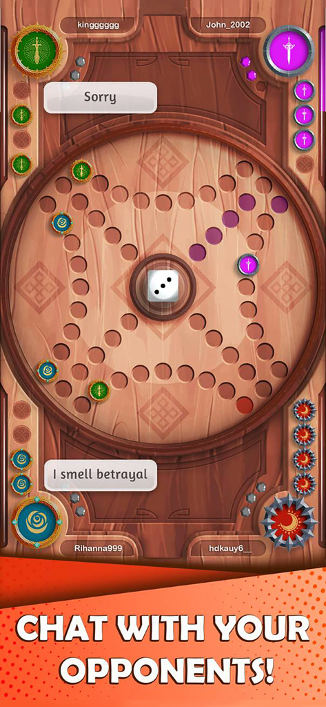 Lucky Ludo - Lucky Ludo mobile game screen showing players using pre written chat messages during a match on a wooden board