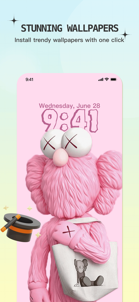 Um wallpaper estético rosa para iPhone apresentando um personagem designer fofo na tela de bloqueio.